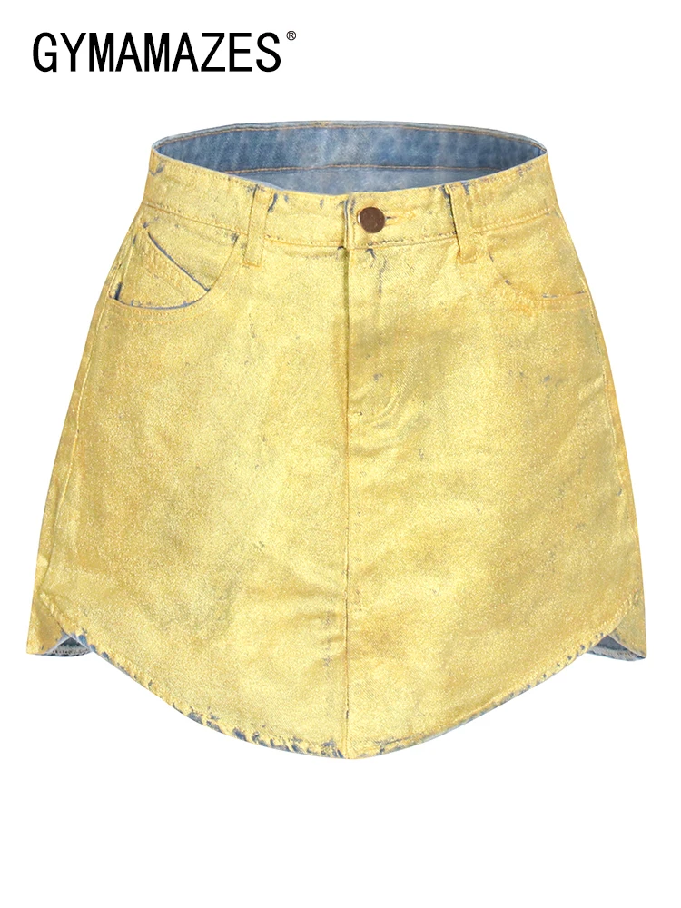 

GYMAMAZES Sexy Hot Gold Denim Skirt For Women High Waist Patchwork Pockets Mini Bodycon Skirts Female Summer Fashion Clothes New