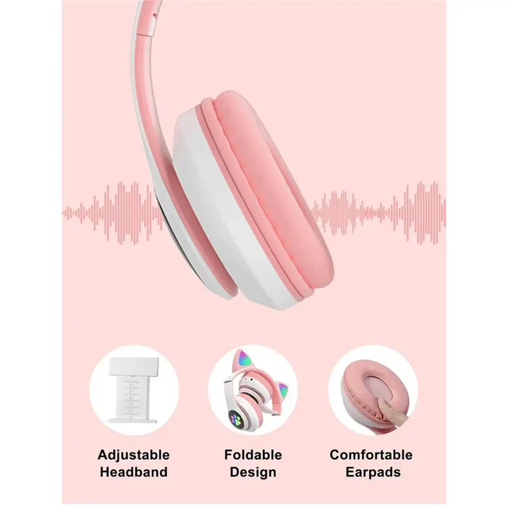 Cute Cat Ear Bluetooth Headphones LED Light Flash Stereo Foldable Wireless Headsets With Mic TF FM For Children Kid Girl Gifts images - 6