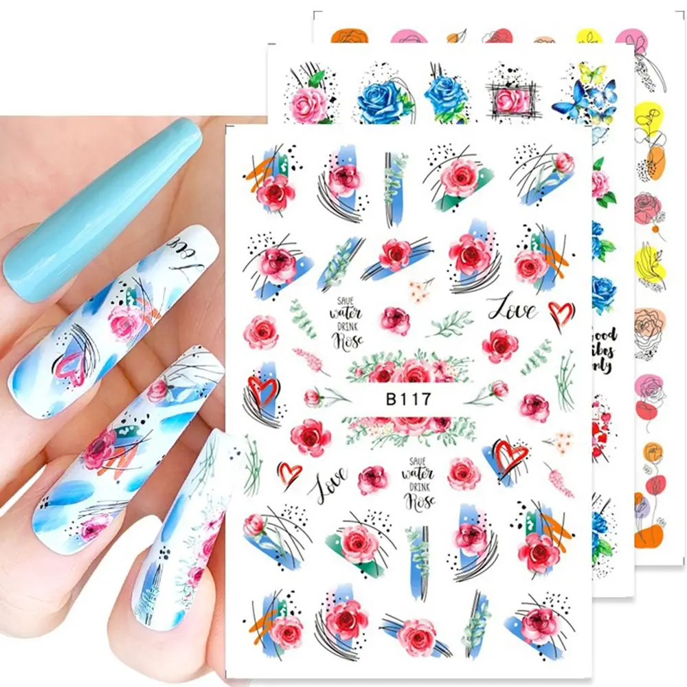 

Летние наклейки для ногтей, самоклеящиеся цветы-бабочки, наклейки для ногтей, самоклеящиеся линии, розы, цветочные украшения для ногтей для ...