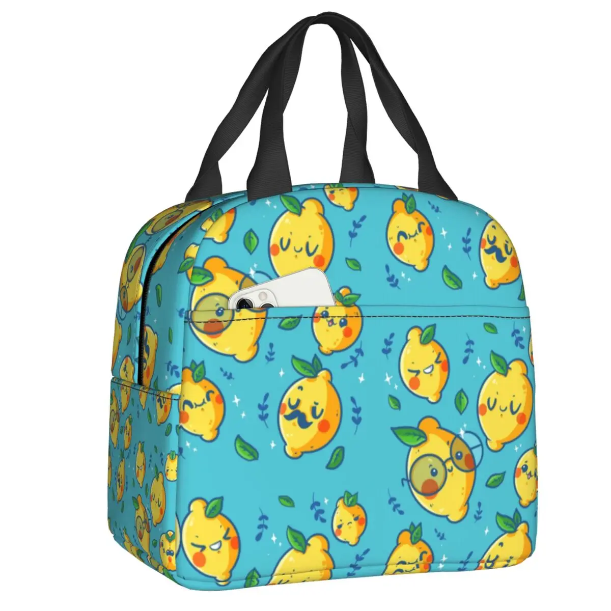 Funny Lemon Faces Insulated Lunch Tote Bag for Women Summer Citrus Fruit Resuable Cooler Thermal Food Lunch Box School