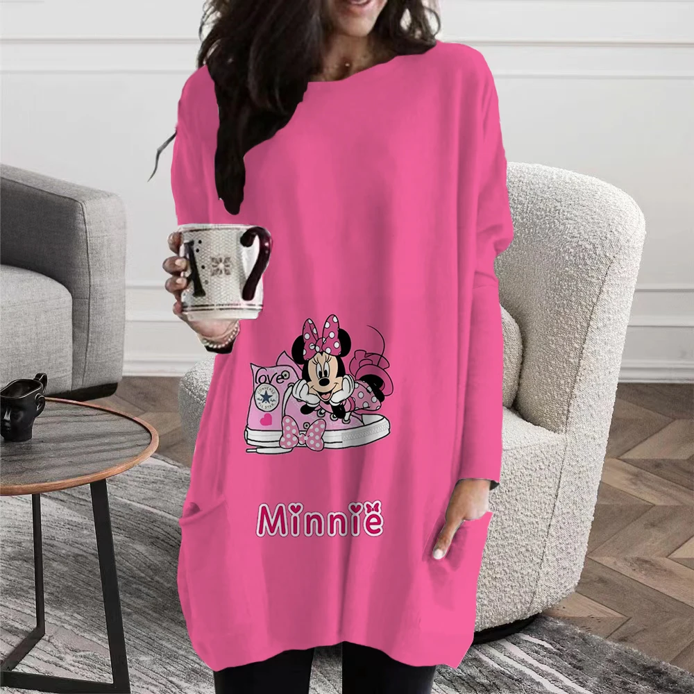 Women's Disney Minnie Mickey Mouse Print O-neck Loose Patchwork Casual Pocket Long-sleeved T-shirt Women's Casual Tops