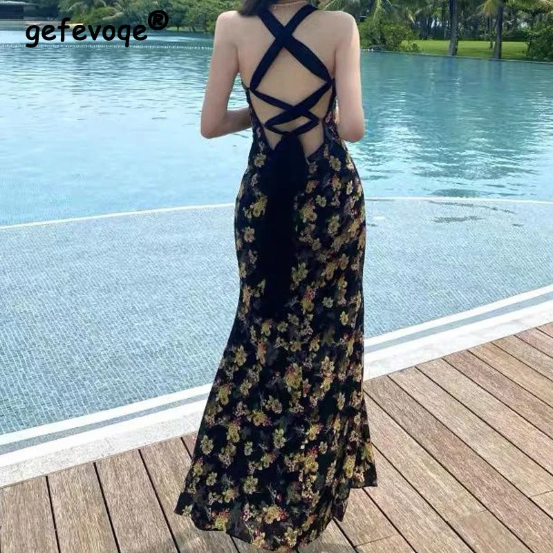 

Retro Floral Print Sexy Backless Lace Up Party Dresses for Women 2022 Summer Sleeveless Slim Vacation Beach Maxi Dress Vestidos