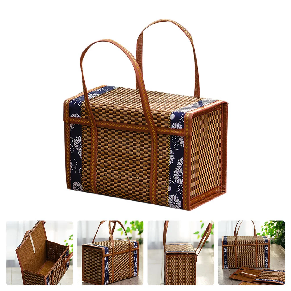

Basket Picnic Woven Baskets Wicker Storage Folding Fruit Handle Hamper Handles Camping Market Foldable Rattan Gifts Empty