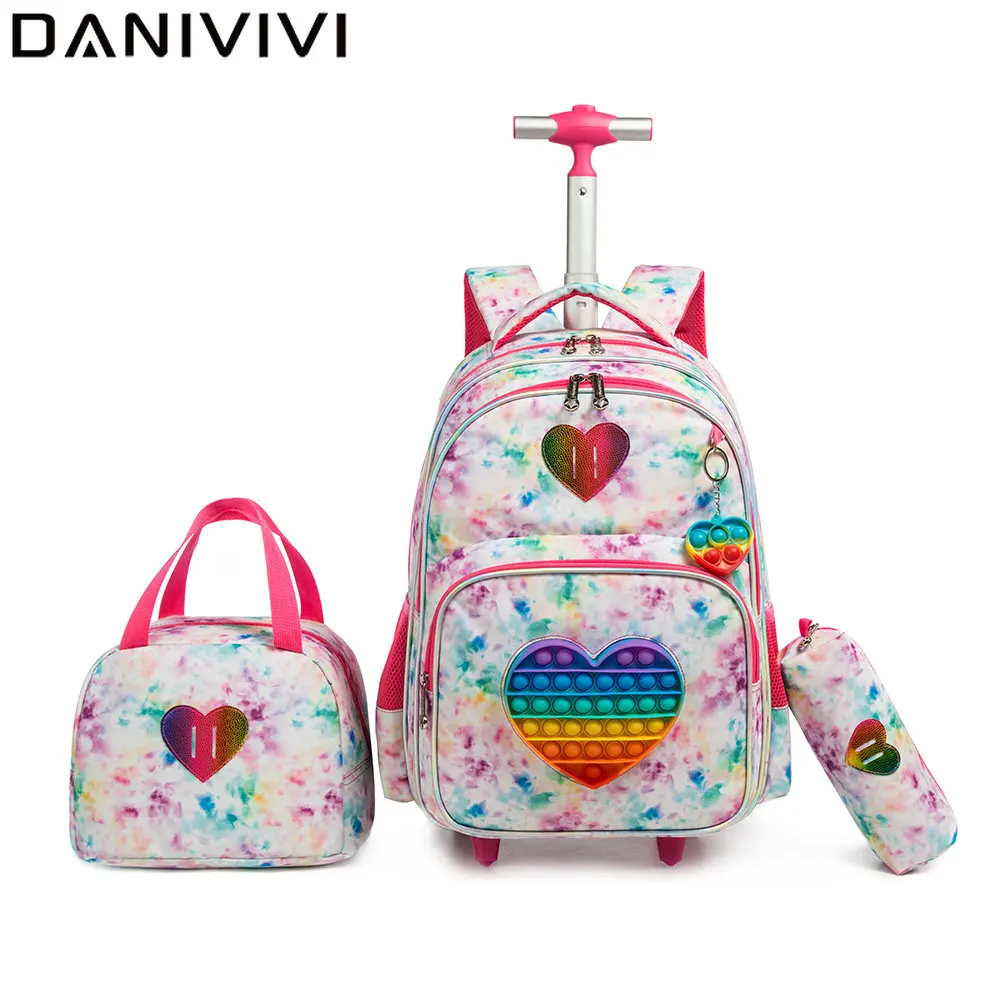 3 IN 1 School Bags for Girls with Wheels School Trolley Bag with Lunch Bag Pencil Case Rolling Wheeled Backpack for Girls 2022