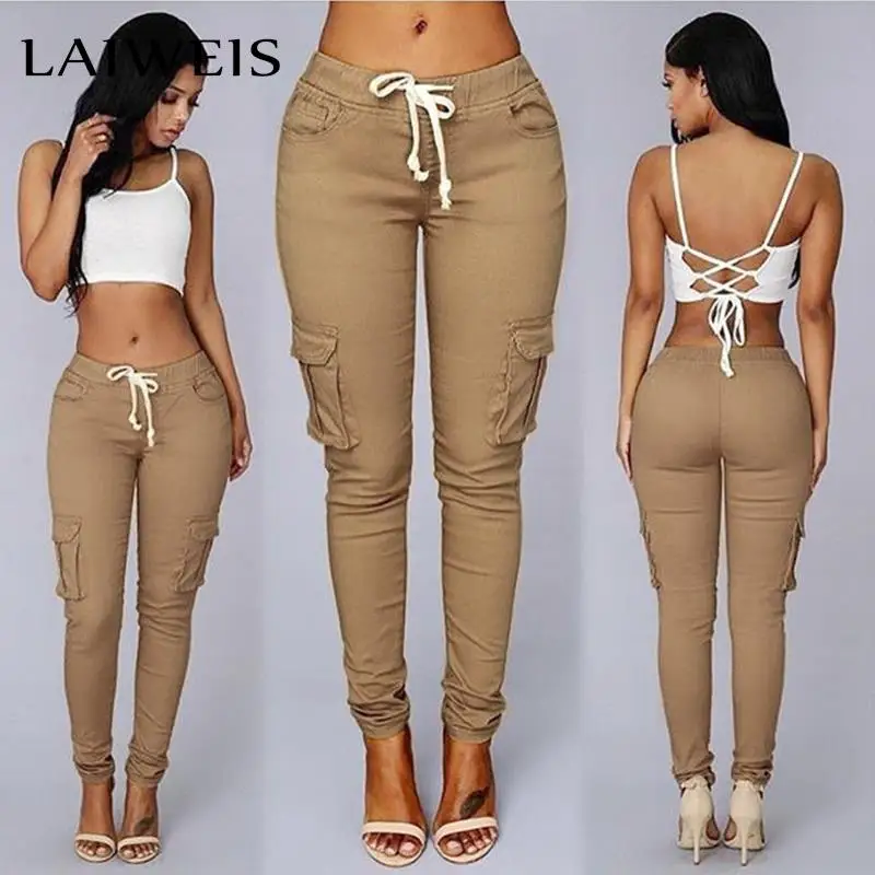 

LAIWEIS New 2022 Spring Lace Up Waist Casual Women Pants Solid Pencil Pants Multi-Pockets Straight Slim Fit Trousers S-2XL