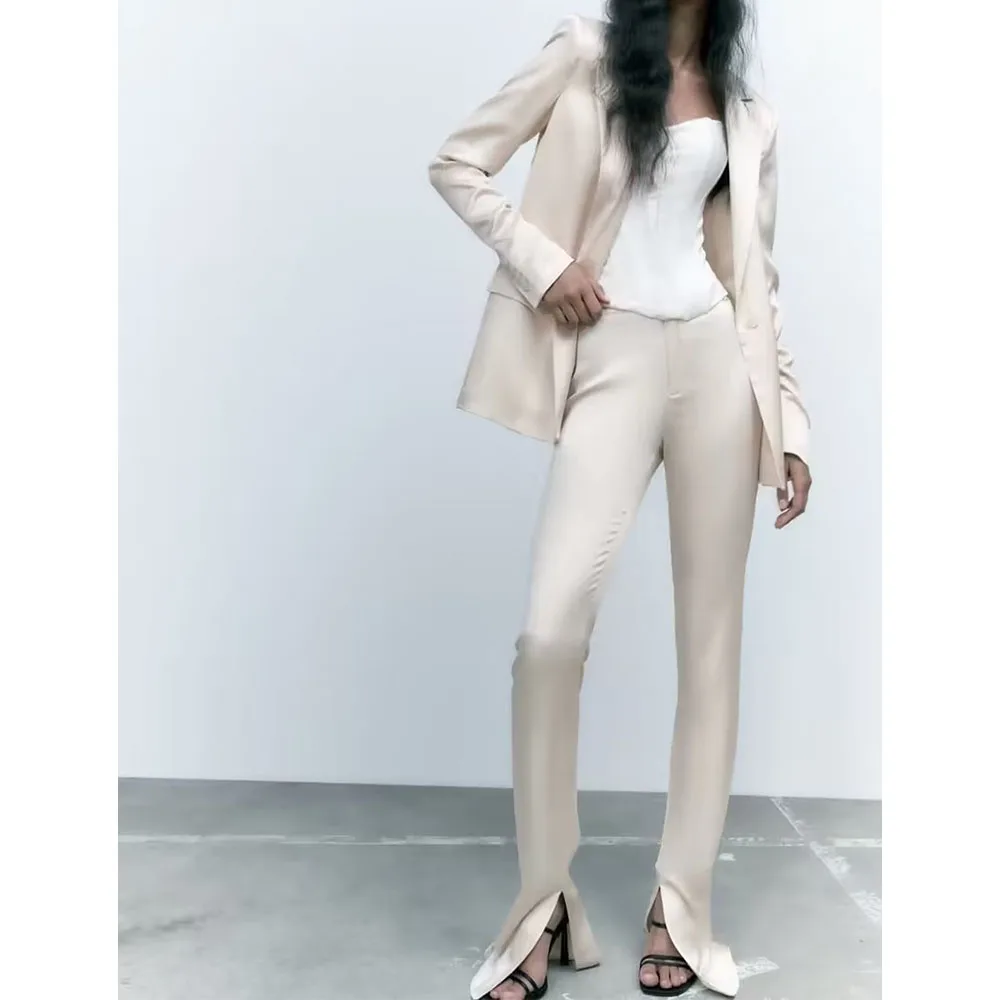 

2022 women's summer new pleated decorative silk satin texture suit jacket trousers suit fashion slim royal sister outfit
