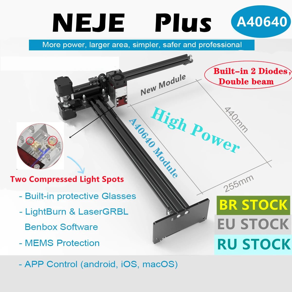 NEJE Plus-máquina grabadora de madera láser A40640 CNC 80W, cortador de Co2, herramientas de marcador de Metal, Mini impresora 3D, Lightburn
