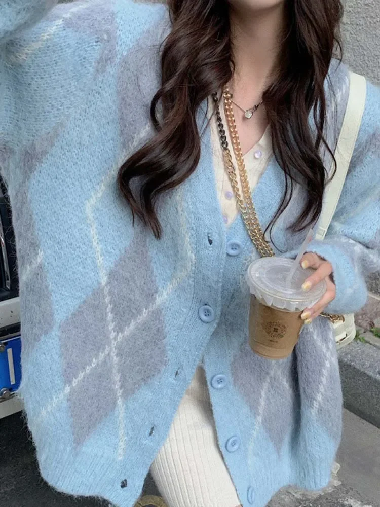 Кардиган оверсайз женские вязаные свитера Argyle зимние винтажные свободные пальто