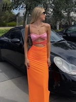 hotvestita patchwork strapless bodycon dress sexy women hollow out sleeveless backless split 2022 summer party club maxi dresses