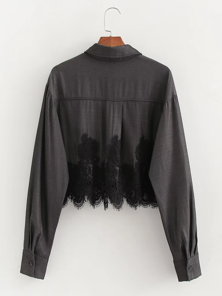 Женская блузка с длинным рукавом и отложным воротником в стиле пэчворк