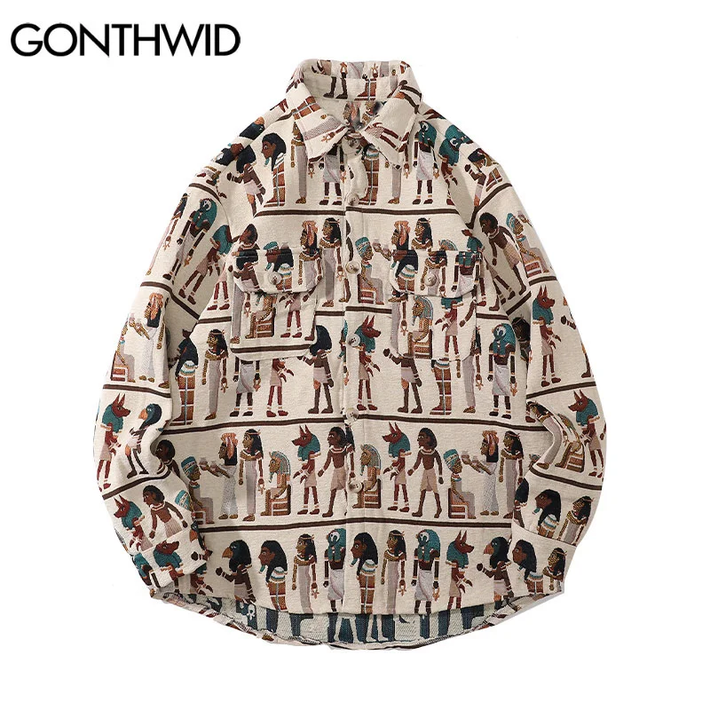 

Уличная одежда в стиле Харадзюку, рубашки, пальто, винтажная рубашка в Египетскую полоску, куртки, модная блузка в стиле хип-хоп, Свободный Повседневный Топ на пуговицах