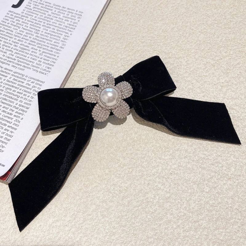 

Black Velvet Bow Pearl Hair Clip Top Spring Clips Korean Rhinestone Accessories Barette Cheveux Femme bows for Girls