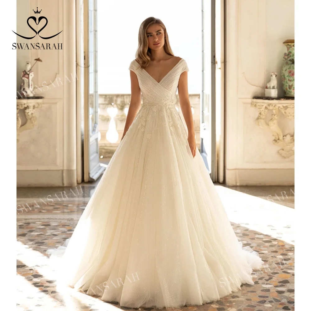 

Off the Shoulder Wedding Dress 2023 Chic Beaded A-Line Court Train Princess Bride Gown SwanSarah P275 Plus Size Vestido De Novia