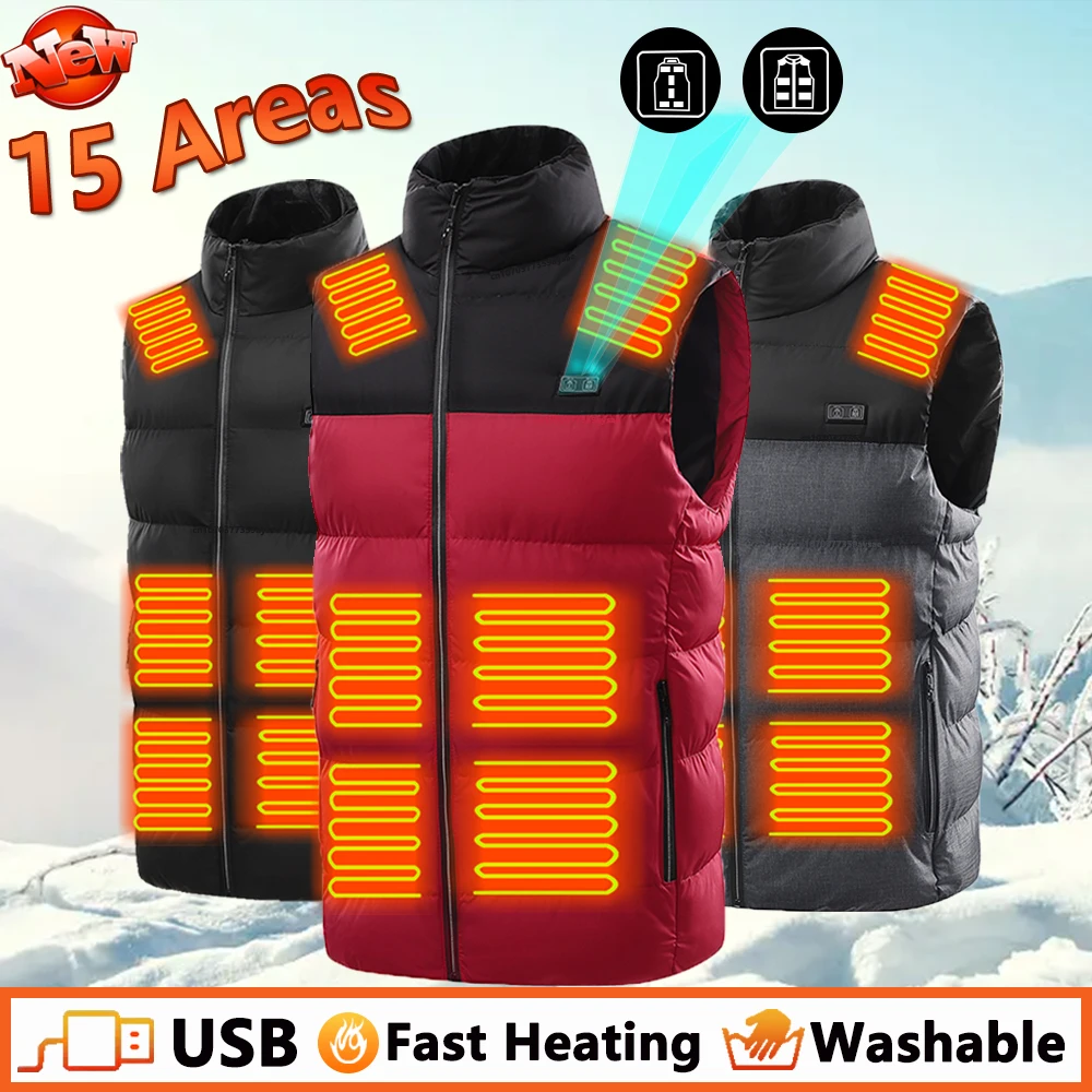 

15 13 Areas Men's Heated Vest Winter Outdoor USB Sleeveless Jacket Heating Vest Fashion Self Heating Coat Thermal Vests Clothing