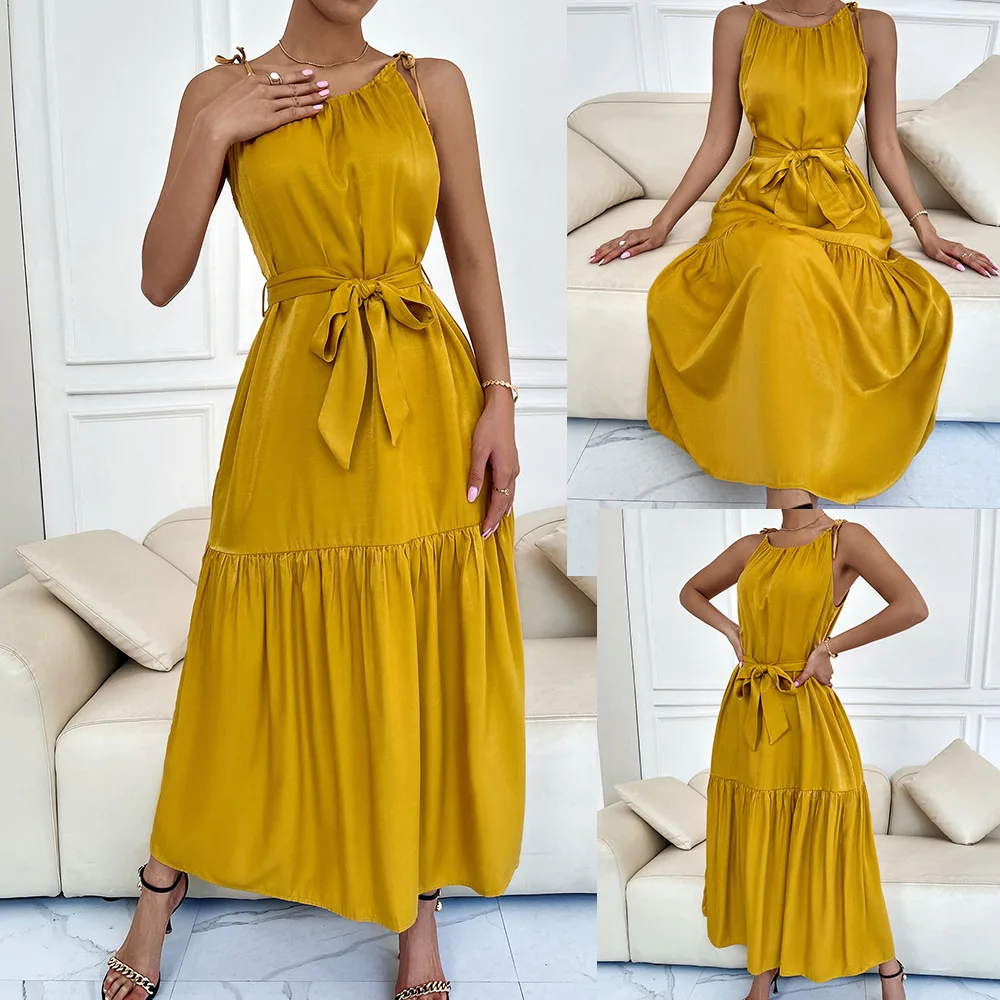 Women's Dresses Summer Solid Sleeveless Camisole Dress with Shoulder Sashes Waist Belt