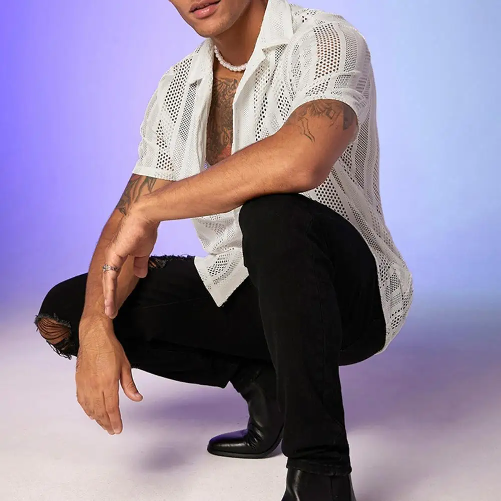 

See-through Chic Hollow Out Multi Holes Men Tops Mesh Shirt Cardigan Clothing