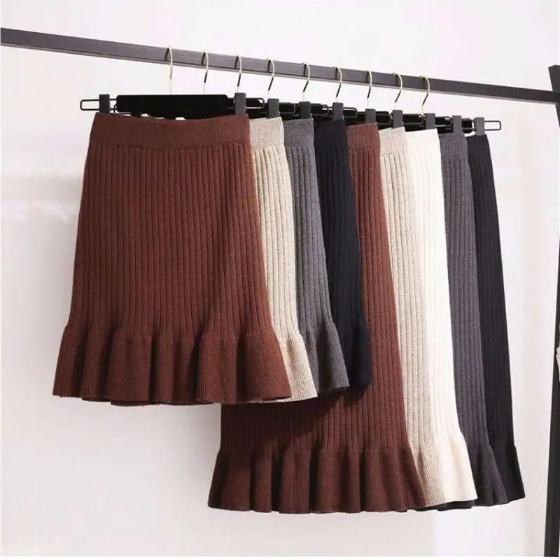 

Women's Knitted Skills for Autumn and Winter Skinny Ruffles A-line Mini Skirt Solid Elastic High Waist Midi Skinny Knit Skills