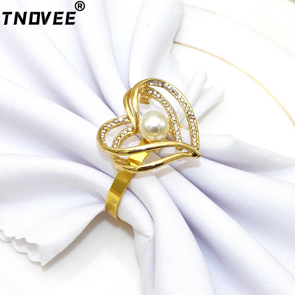 

12Pcs Wedding Decorations Gold Heart Napkin Rings Rhinestone Pearl Napkin Rings Holder for Valentine's Day Birthday Table Decor