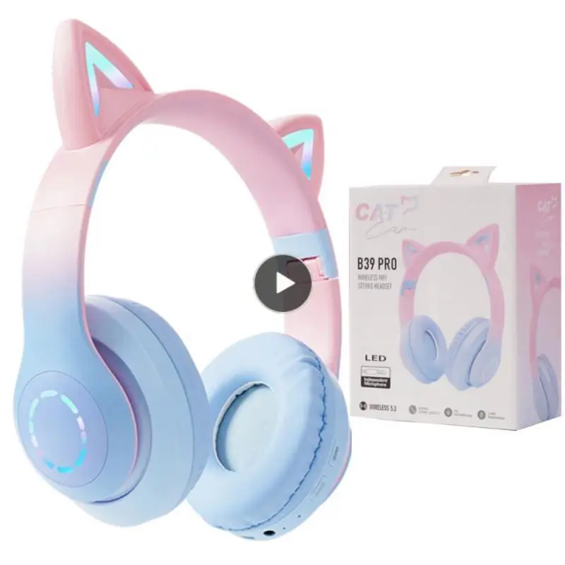 

Foldable Cat Ears Headset With Mic Stereo Wireless Headphone Led Flash Light Tws Over Head Headphone Gaming