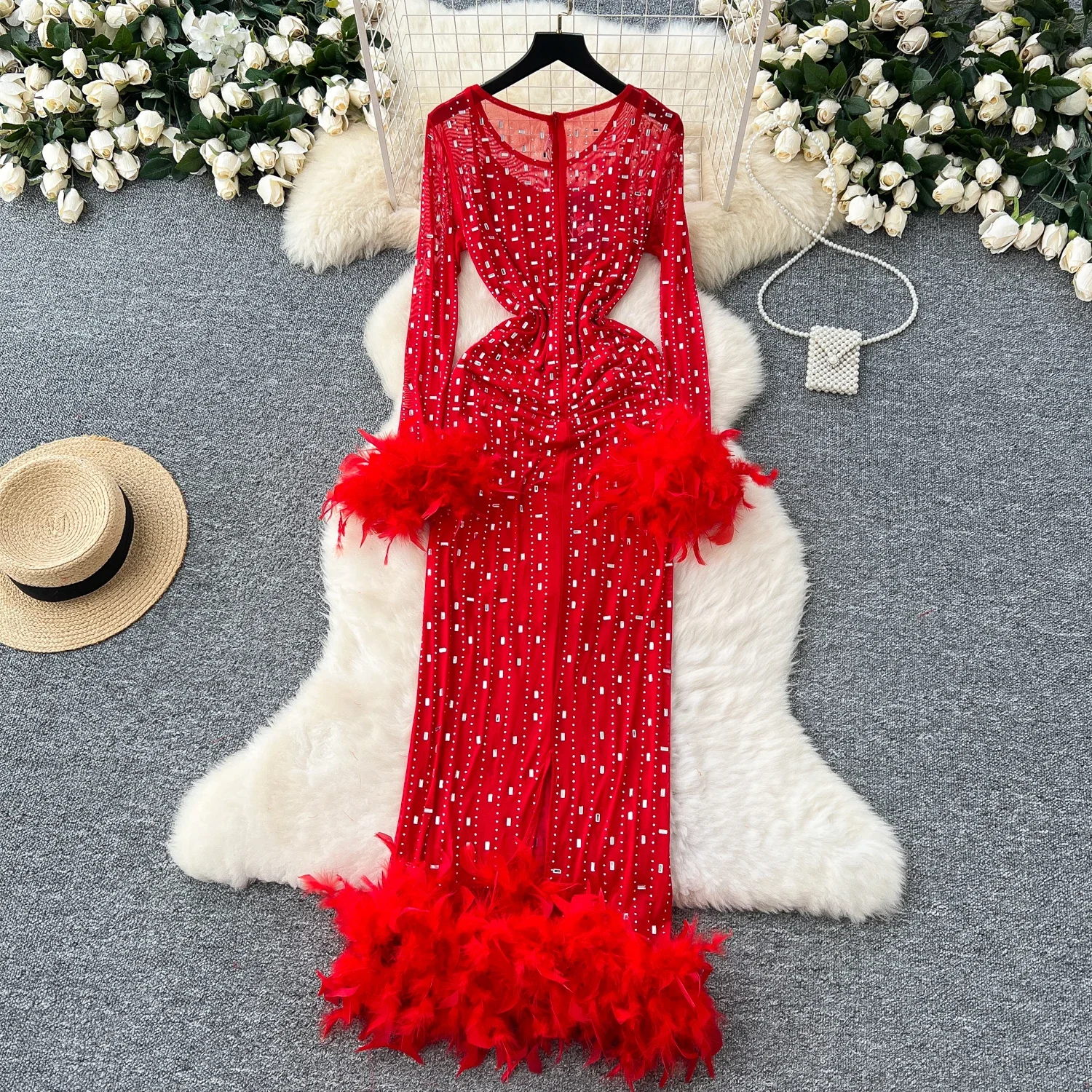 Женское винтажное платье с длинными рукавами и круглым вырезом