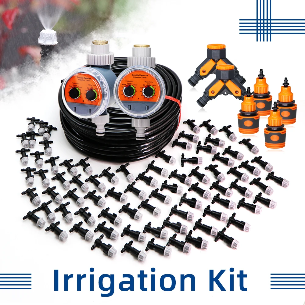

10-50M Automatic Watering Spray System Garden Irrigation Cooling Kit Yard Duster Simple Nozzle 1/4'' Hose Ball Valve Timer Set