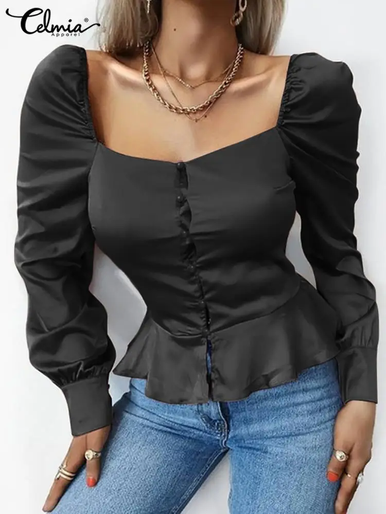 

Celmia Elegant Fashion Peplum Tops Women Square Collar Casual Ruffle Hem Shirt Puff Long Sleeve Satin Silk Summer 2023 Blouses