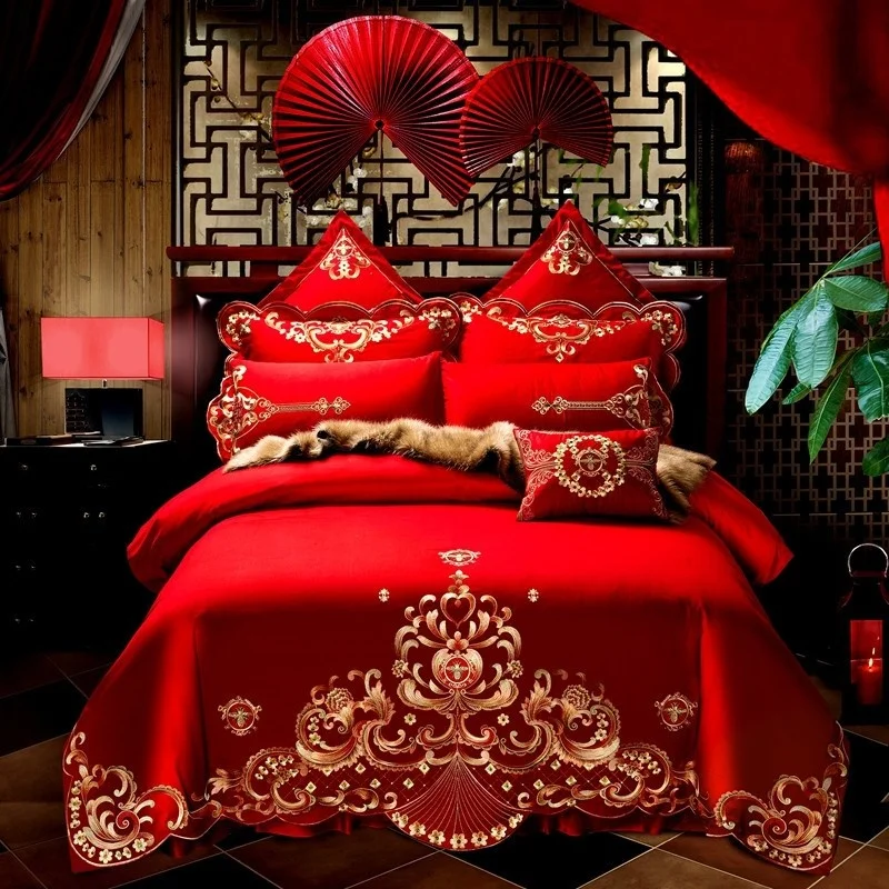 

4/6/PCS Luxury Happiness Red Wedding Bedding King Queen 100%Cotton Chinese Embroidery Duvet Cover Bed Sheet Pillowcases