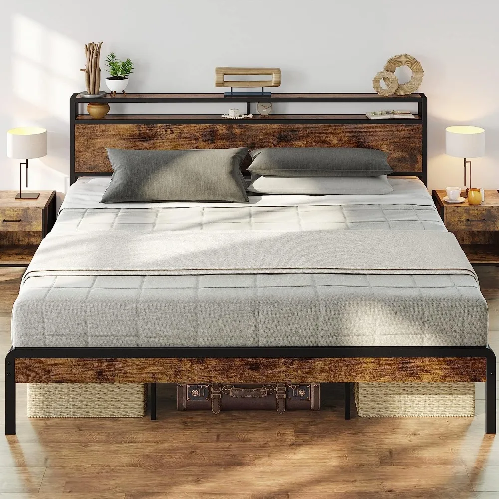 King Size Bed Frame, Platform Bed With 2-Tier Storage Headboard, Solid And Stable, Noise Free, No Box Spring Needed