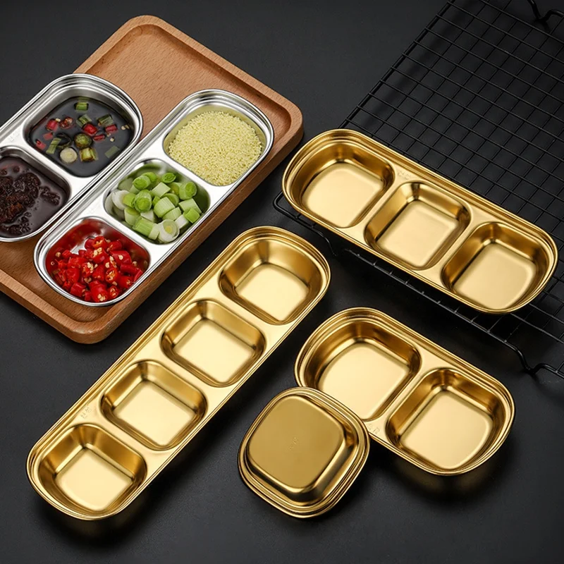 

1/2/3/4 Grids Stainless Steel Seasoning Dish Multi-grid Barbecue Dipping Dish Dipping Bowls Vinegar Plates Kitchen Tableware