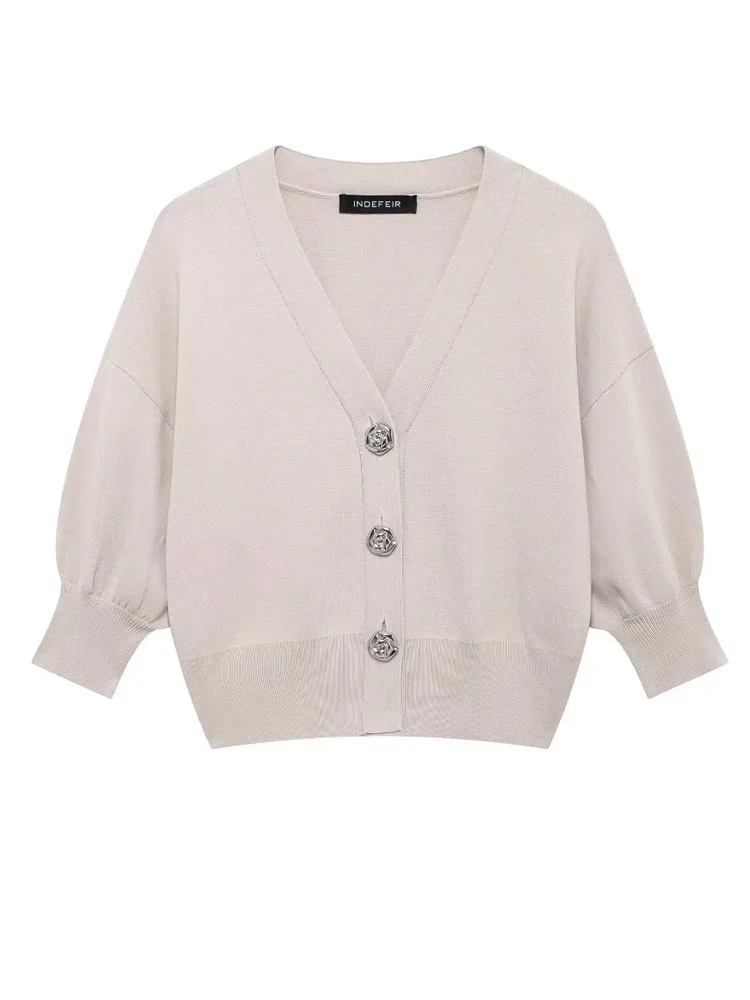 Женский винтажный кардиган на пуговицах с V-образным вырезом и коротким рукавом