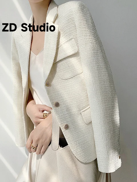

[ZD Studio] Women Beige Pocket Elegant Short Blazer New Lapel Long Sleeve Loose Fit Jacket Tide Spring Autumn 2023
