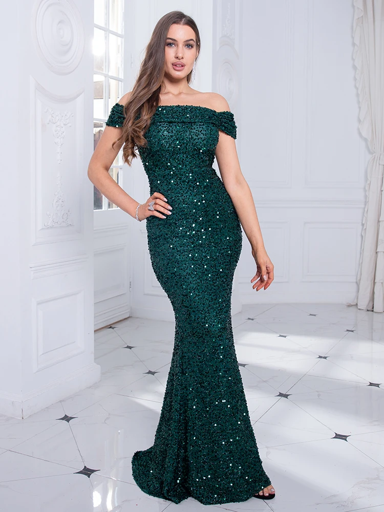 Off Shoulder Pleated Dazzling Sequin Fitted Bodice Evening Night Dress Backless Floor Length Full Lining Party Dress Green Blue
