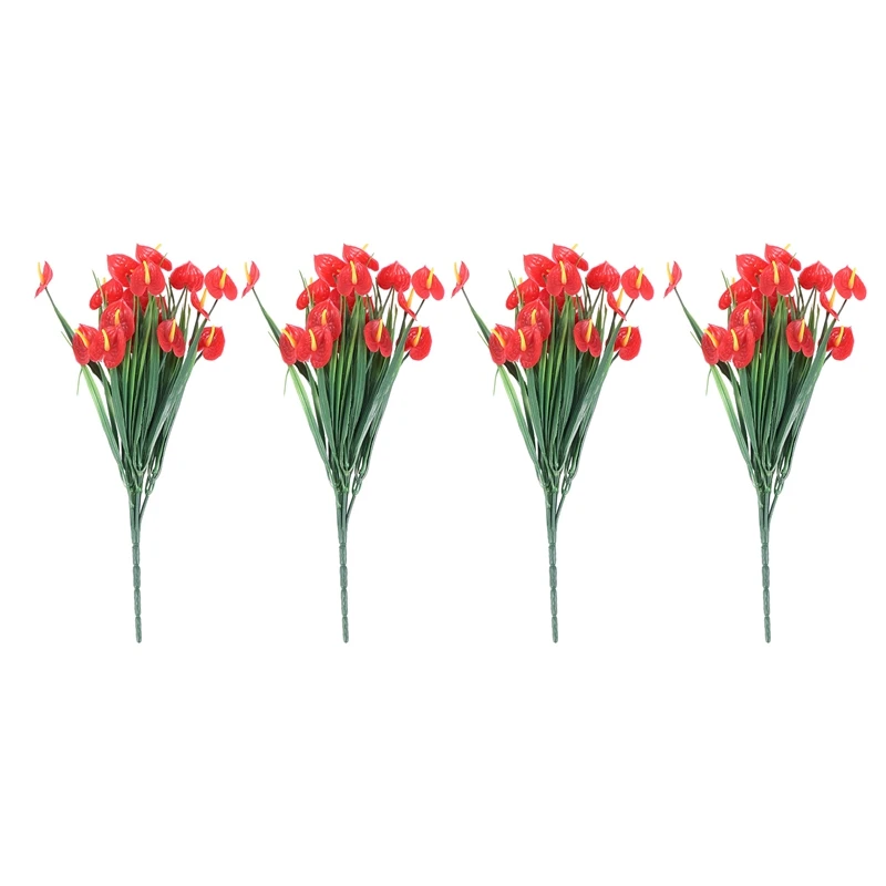 

4 Bunches Artificial Fake Flowers Faux Anthurium Plants Plastic Shrubs Bushes Greenery Indoor Outside Hanging Planter Home Decor