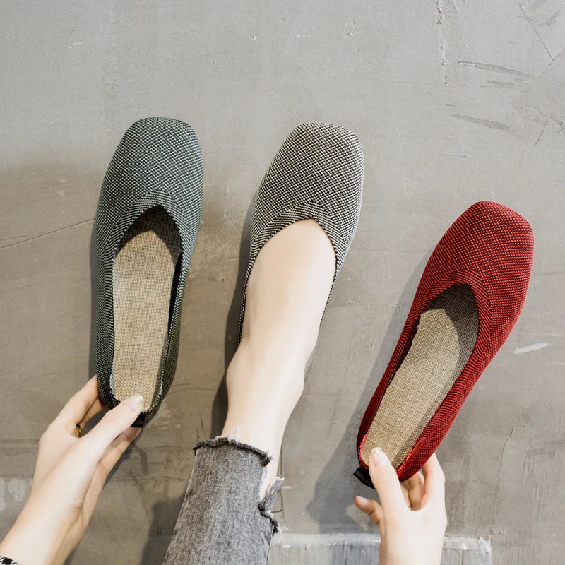 

Туфли женские трикотажные эластичные, дышащие удобные, без застежки, лоферы, плоская подошва, квадратный носок, повседневная обувь для рабо...