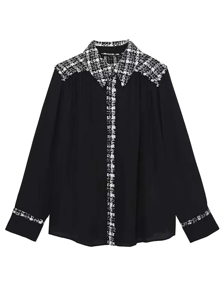 

KLKXMYT TRAF женская рубашка текстурные сращивающиеся Топы рубашка Женская Осенняя рубашка на пуговицах для женщин элегантные блузки с длинным ...