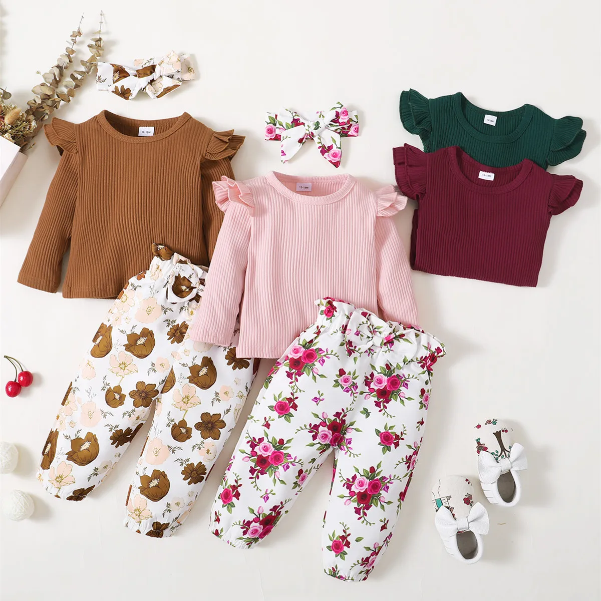 

1-5T Baby Girls Fashion Clothing Suit Solid Color Long Sleeve Top Flower Print Pants Hair Band Three Piece Set Kids Clothes