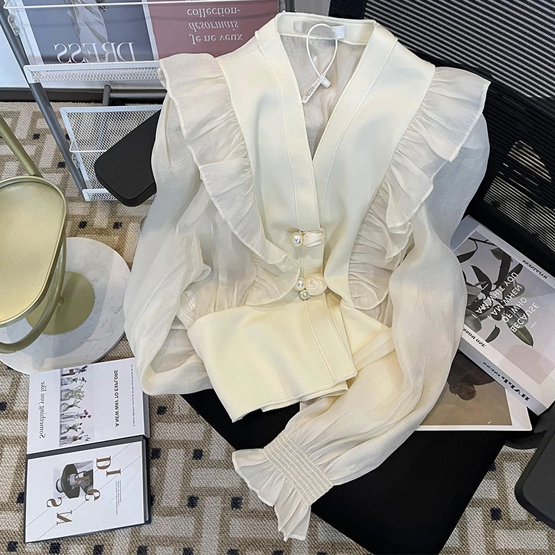 

Solid Color Versatile V-Neck French Comfortable Long-Sleeved Women'S Spring New Fashion Ruffled Beautiful Stitching Shirt
