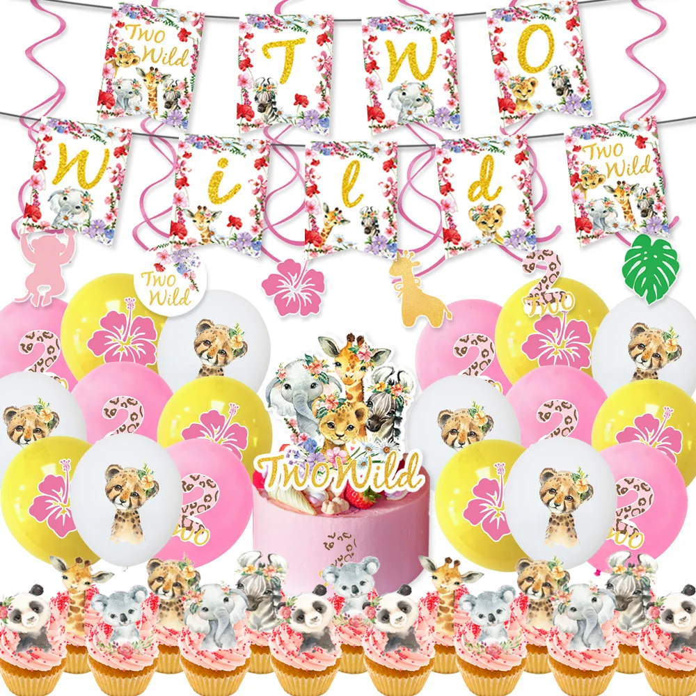 64Pcs Pink Wild Flowers Birthday Party Supplies Baby Shower Disposable Tableware Sets  Disposable Plates Cups Flags