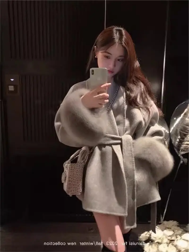 Женская шерстяная куртка на завязках свободная короткая модная в стиле пэчворк с