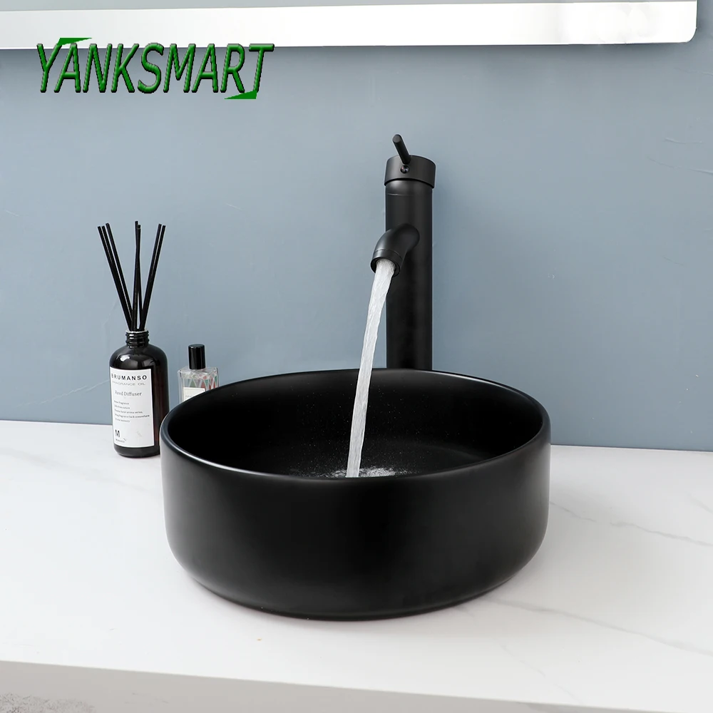 

YANKSMART Black Ceramic Round Bathroom Basin Sink Faucet Set Bowl Vessel Washbasin Deck Mounted Mixer Water Tap W/ Pop-up Drain