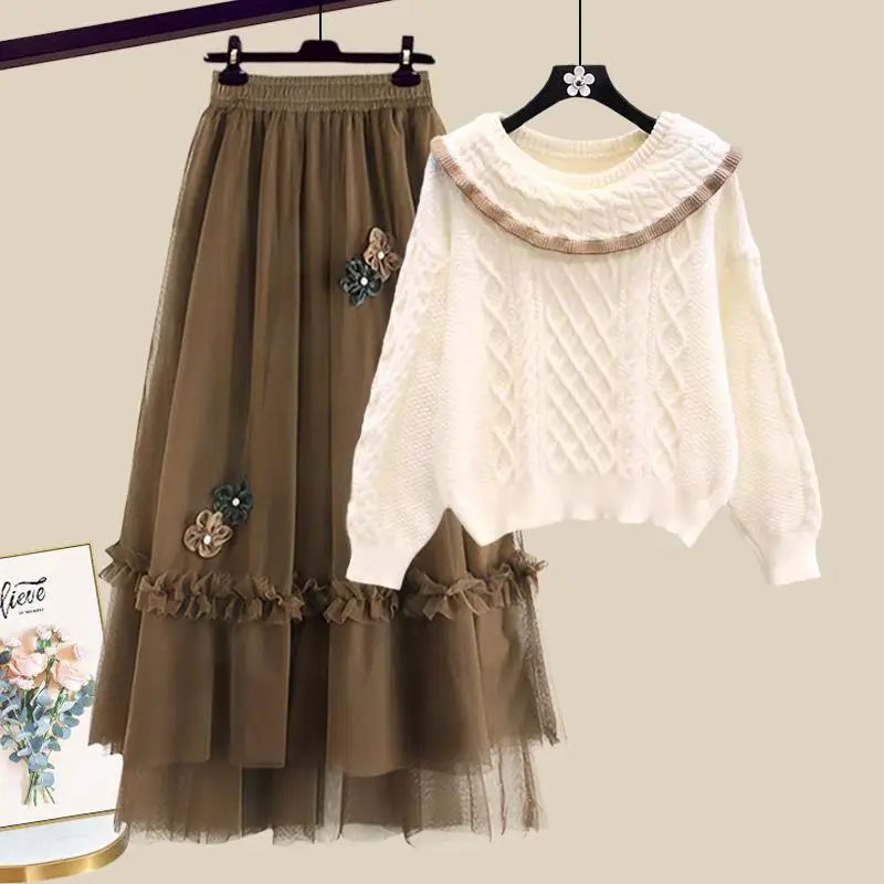 

Чай в стиле ранней осени, полный женский комплект допаминового осеннего Восточного свитера, юбка средней длины, Нежный Стильный комплект с юбкой, две штуки