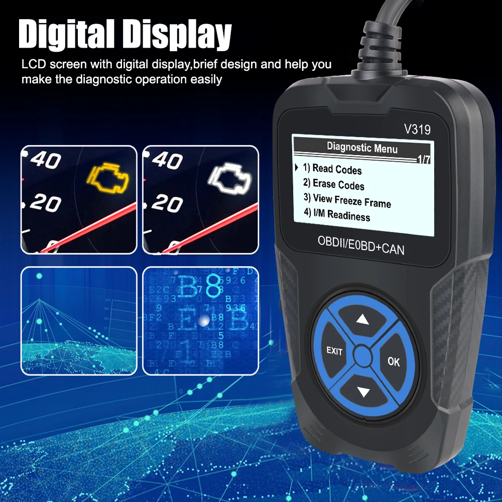 Фото Считыватель кодов OBD2, цифровой дисплей, сканер OBD 2, универсальные автомобильные аксессуары, диагностический инструмент двигателя V319, инструменты для диагностики автомобиля №5