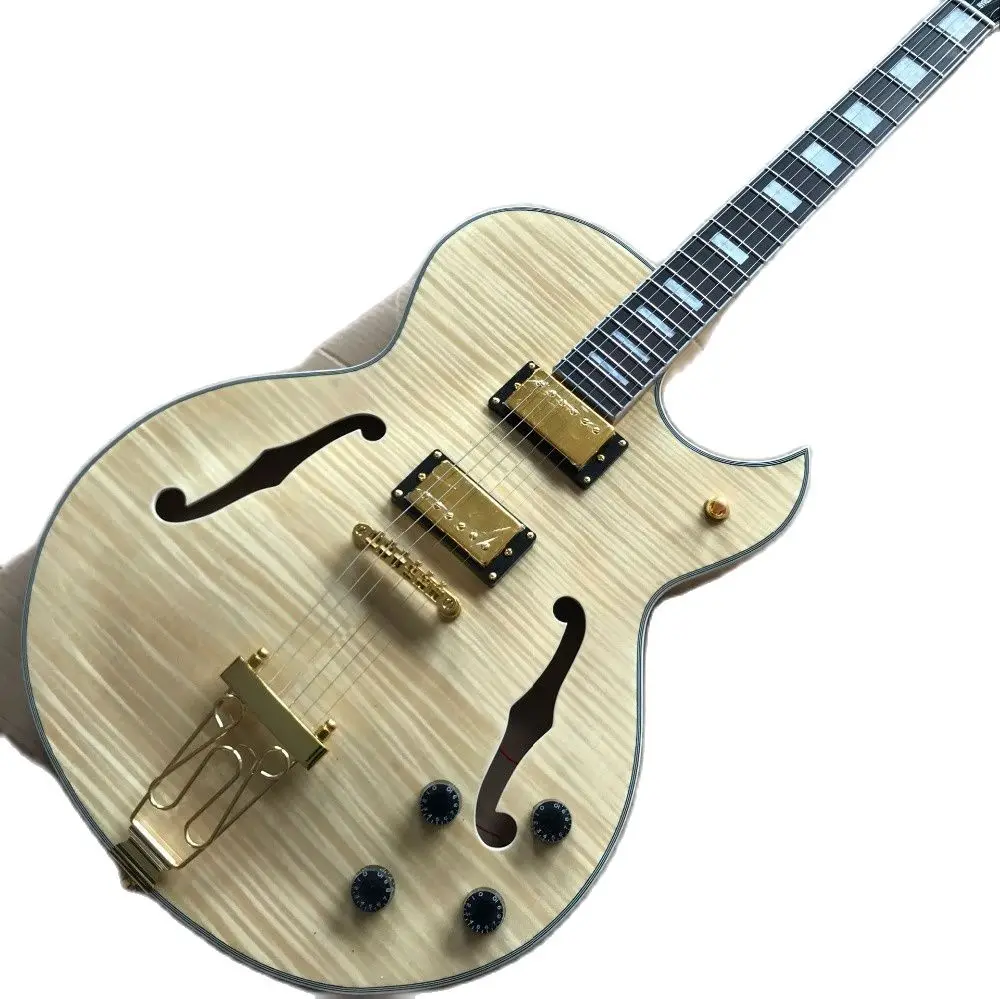 

Custom F hollow body jazz electric guitar,double Tiger Flame.Natural wood color gitaar.gold hardware guitarra.