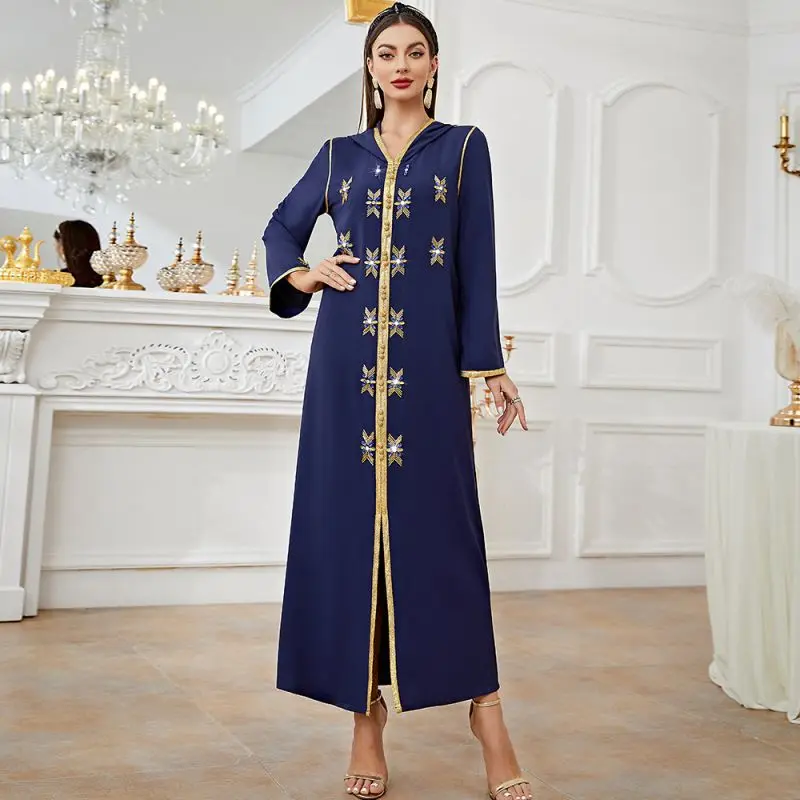 Hooded Abaya Dress for Women V neck Ramadan Muslim Dubai Moroccan Kaftan Oman Arabic Islamic Clothing Eid 2022 Hot selling