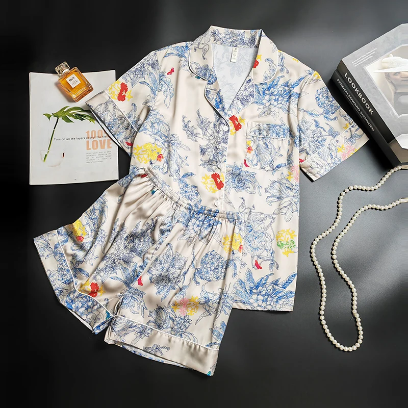 

Пижама женская с цветочным принтом, Тонкая шелковая одежда для сна с отложным воротником, комплект с короткими рукавами и шортами, кардиган, домашняя одежда, на лето
