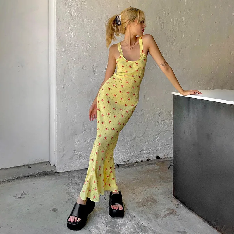 Лето 202 желтое платье макси с цветочным принтом на бретелях для женщин