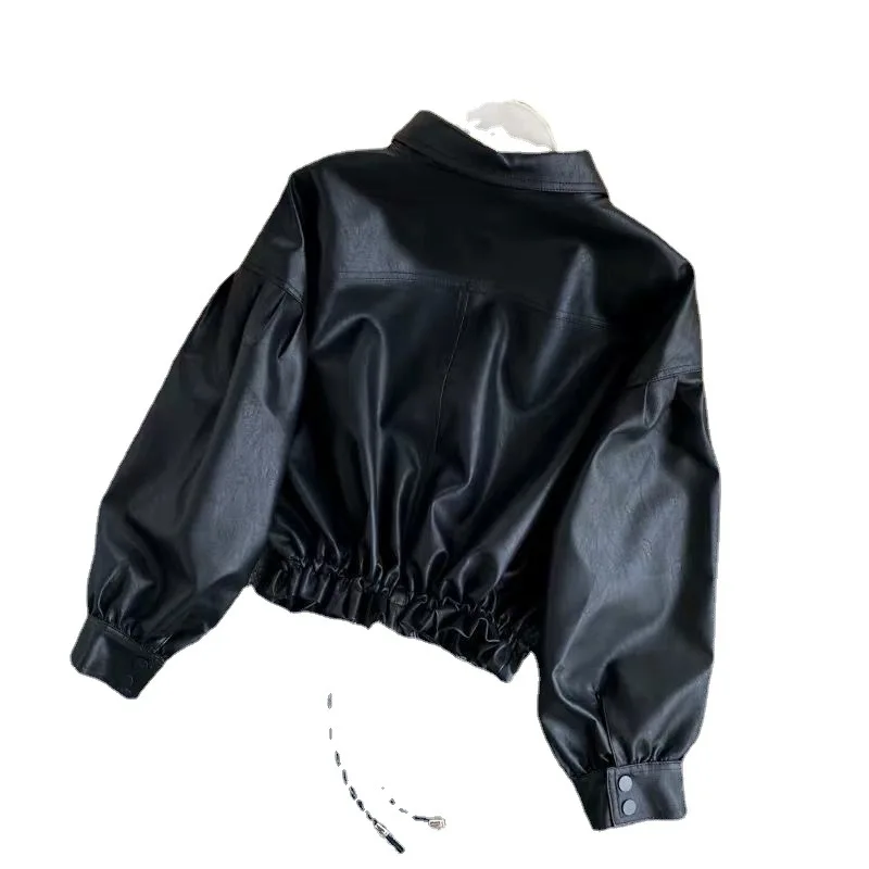 Korean Vintage Bf Loose Leather Coat Women 2022 Autumn Big Pocket Slim Short Motorcycle Jacket Cool Girl Black Leather Top