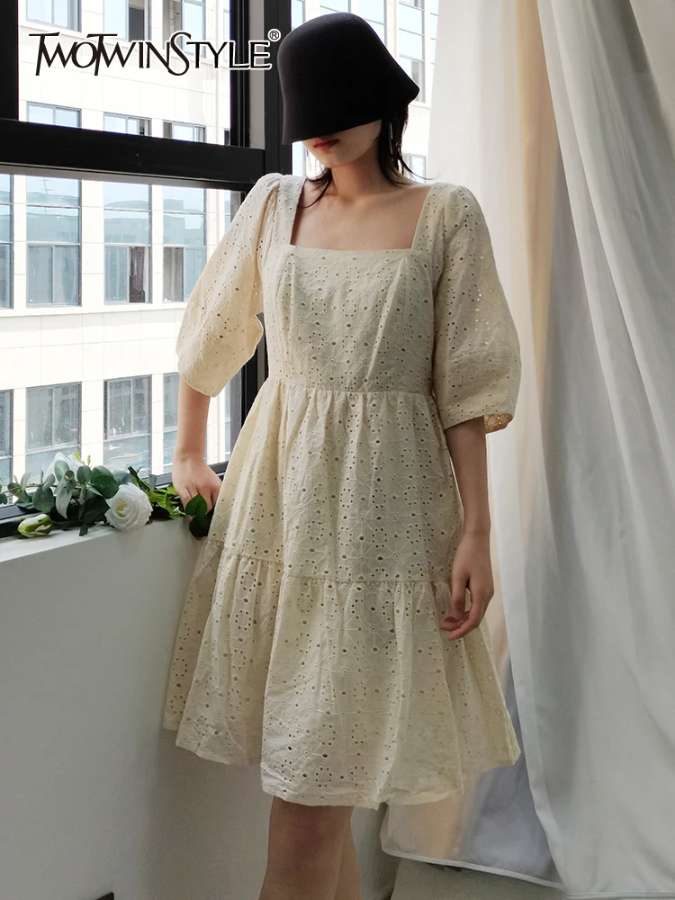 

TWOTWINSTYLE Casual Solid Summer Dress For Women Square Collar Puff Sleeve High Waist Mini Dresses Female Fashion Clothing Style