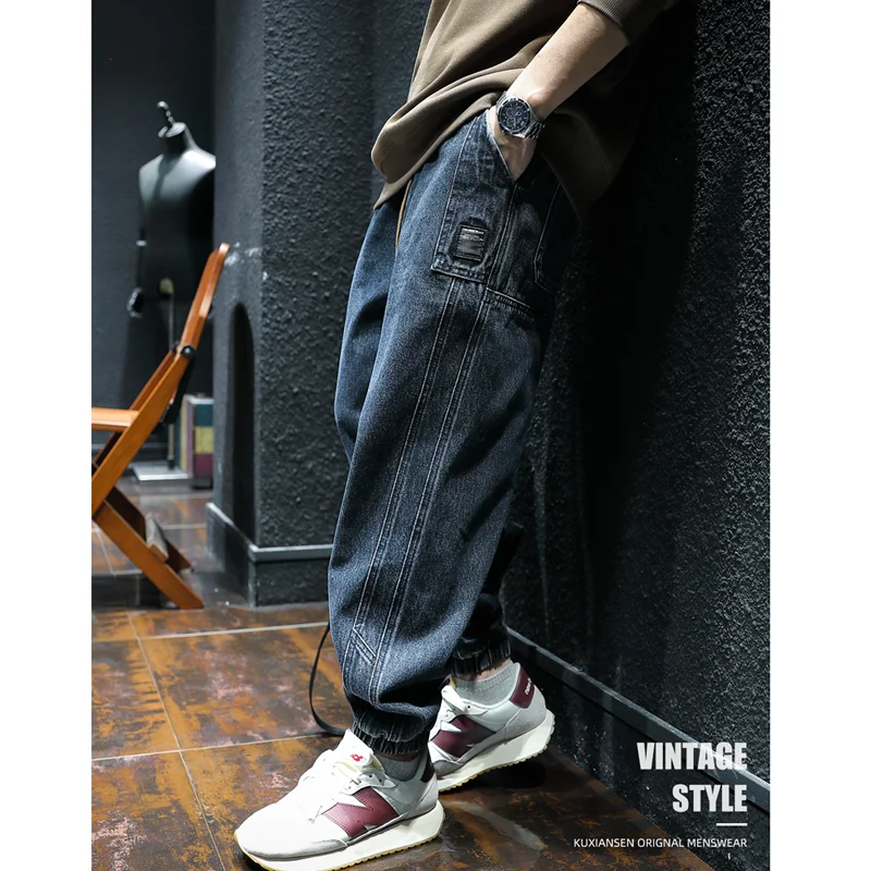 Men Clothing Autumn and Winter Loose Splicing Straight Cylinder Jeans Vintage Comfortable Navy Blue Plush Harun Trousers Female