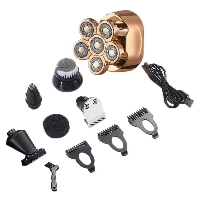 Máquina de Cortar Navalha para Homem 6 em 1 Recarregável Barbeador Elétrico Cabeças Flutuantes Careca Usb Cabelo 6